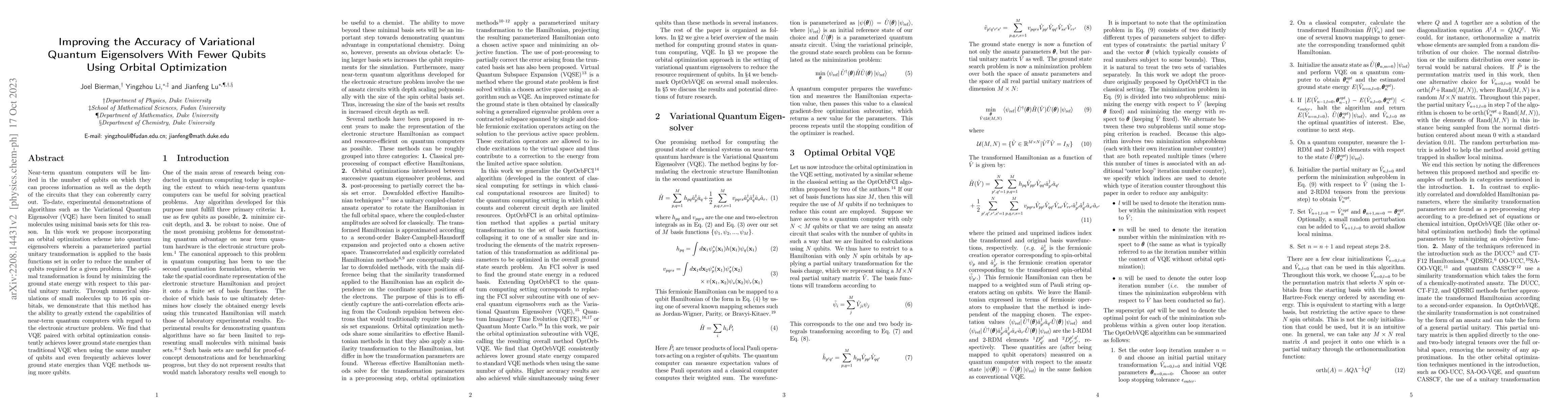 Thumbnail for Improving the Accuracy of Variational Quantum Eigensolvers With Fewer
  Qubits Using Orbital Optimization