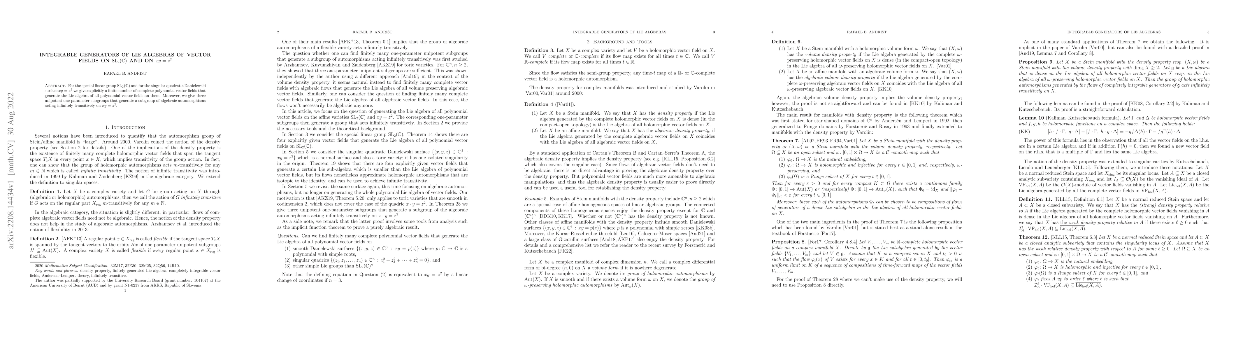 Thumbnail for Integrable generators of Lie algebras of vector fields on
  $\mathrm{SL}_2(\mathbb{C})$ and on $xy = z^2$