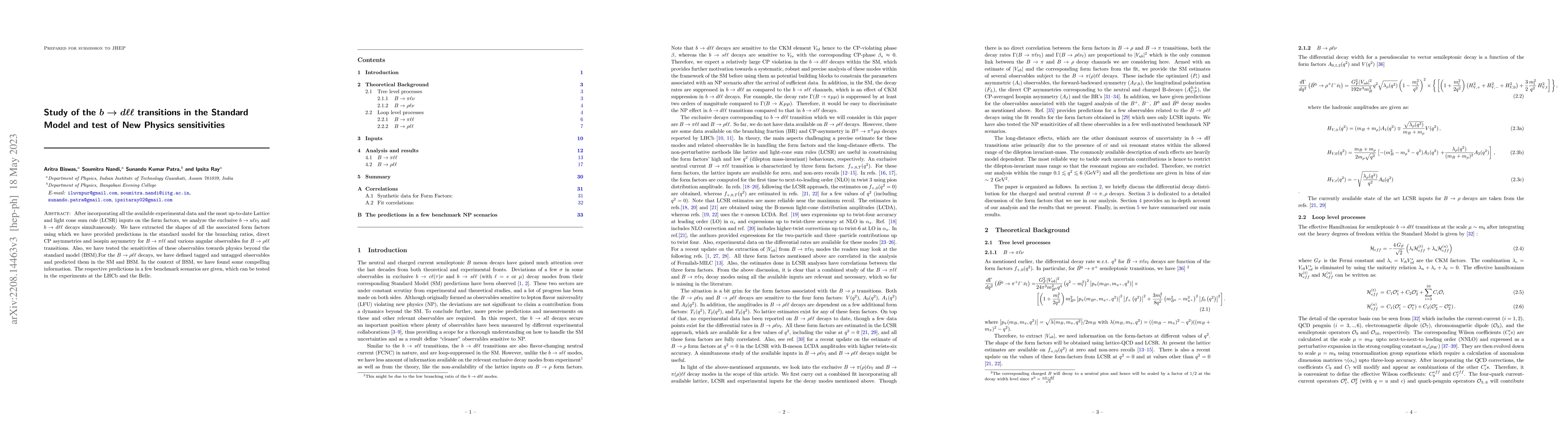 Thumbnail for Study of the $b \to d \ell\ell$ transitions in the Standard Model and
  test of New Physics sensitivities