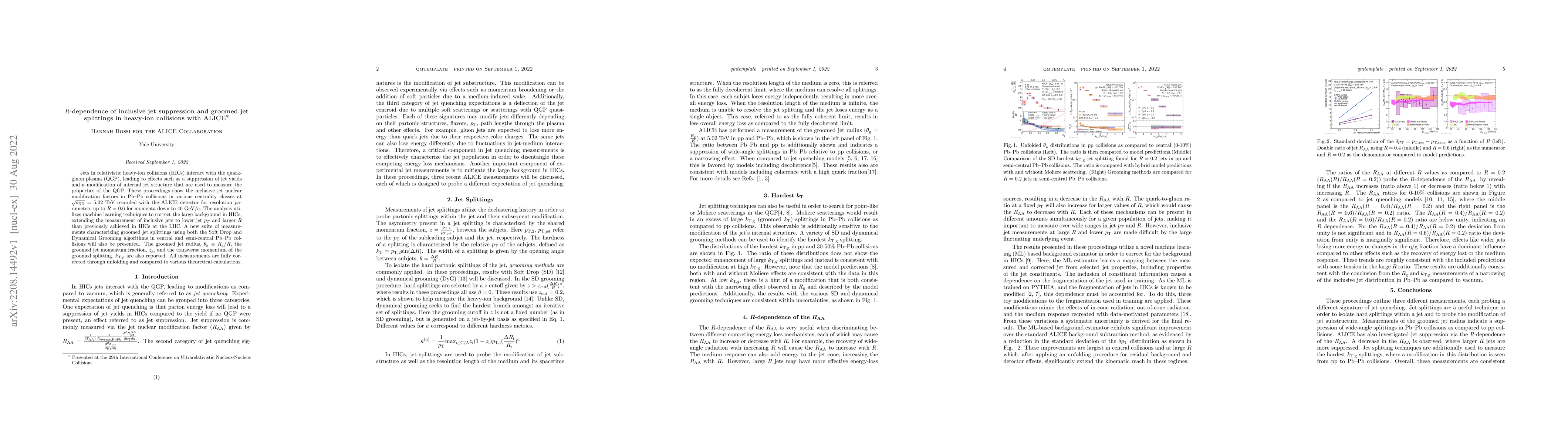 Thumbnail for $R$-dependence of inclusive jet suppression and groomed jet splittings
  in heavy-ion collisions with ALICE