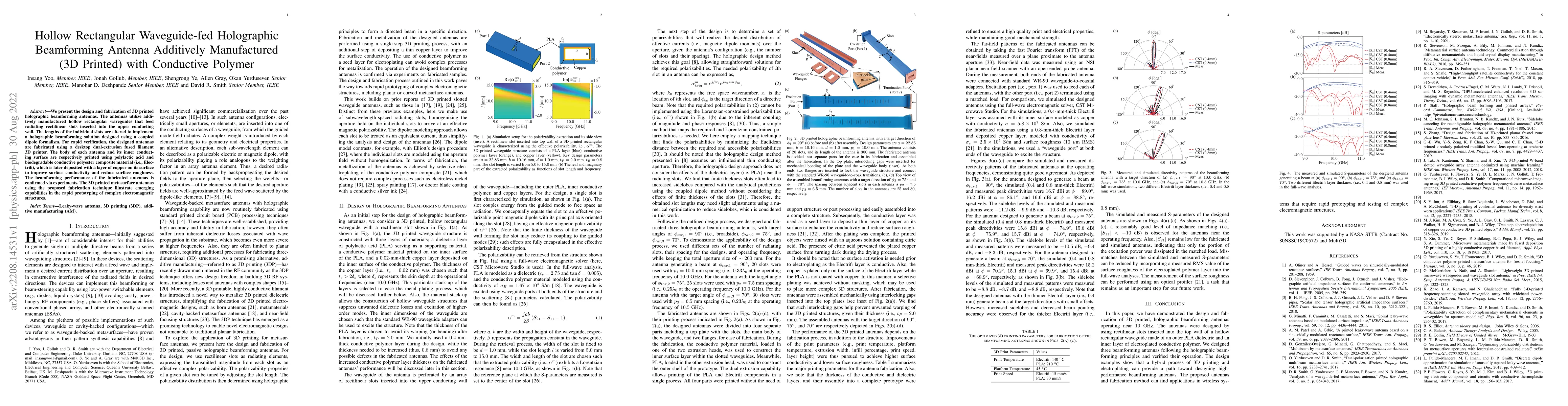 Thumbnail for Hollow Rectangular Waveguide-fed Holographic Beamforming Antenna
  Additively Manufactured (3D Printed) with Conductive Polymer