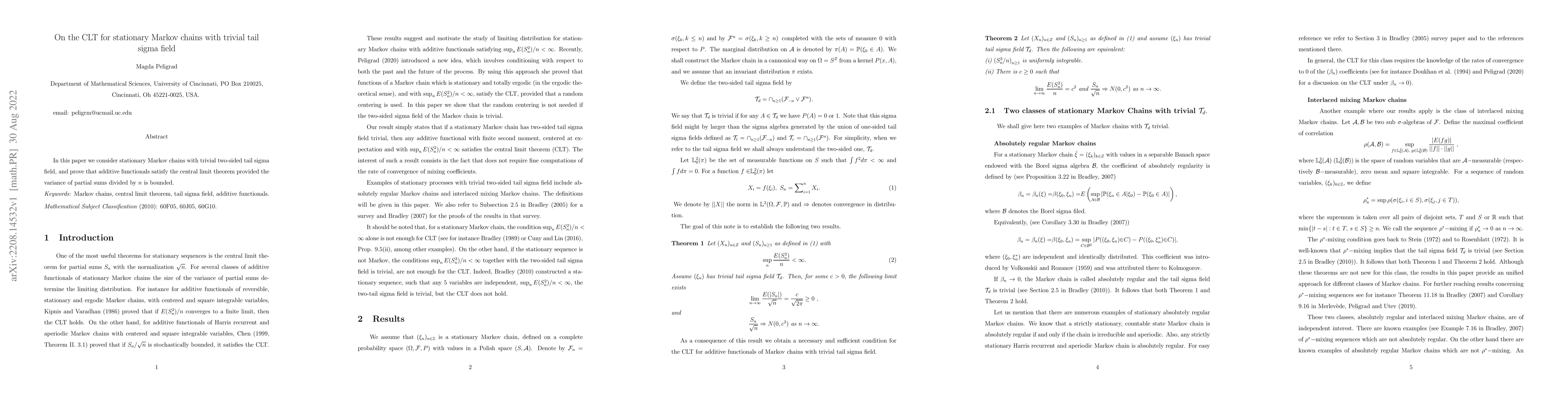 Thumbnail for On the CLT for stationary Markov chains with trivial tail sigma field