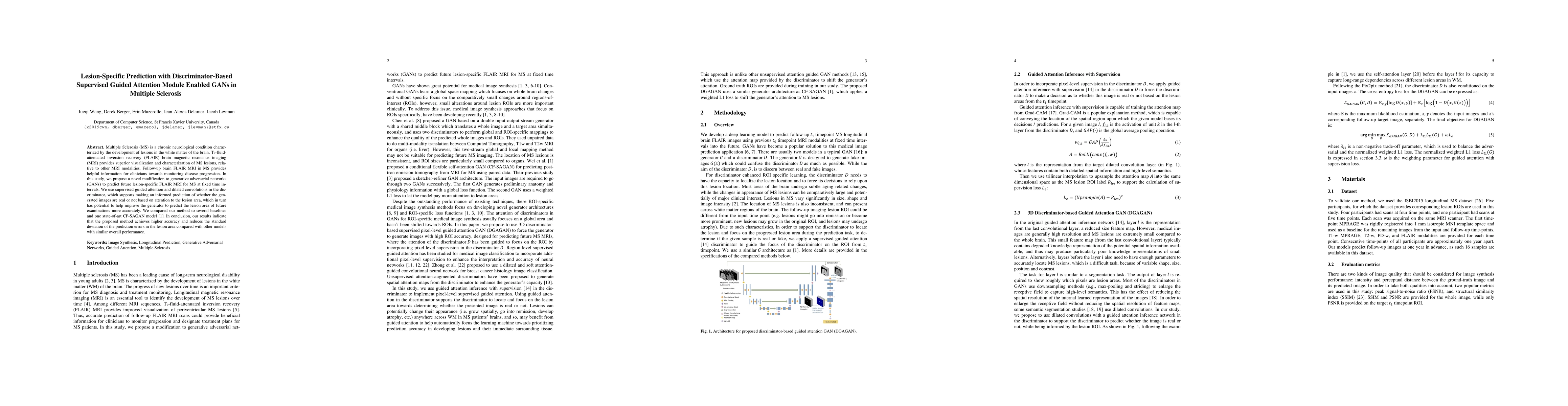 Thumbnail for Lesion-Specific Prediction with Discriminator-Based Supervised Guided
  Attention Module Enabled GANs in Multiple Sclerosis