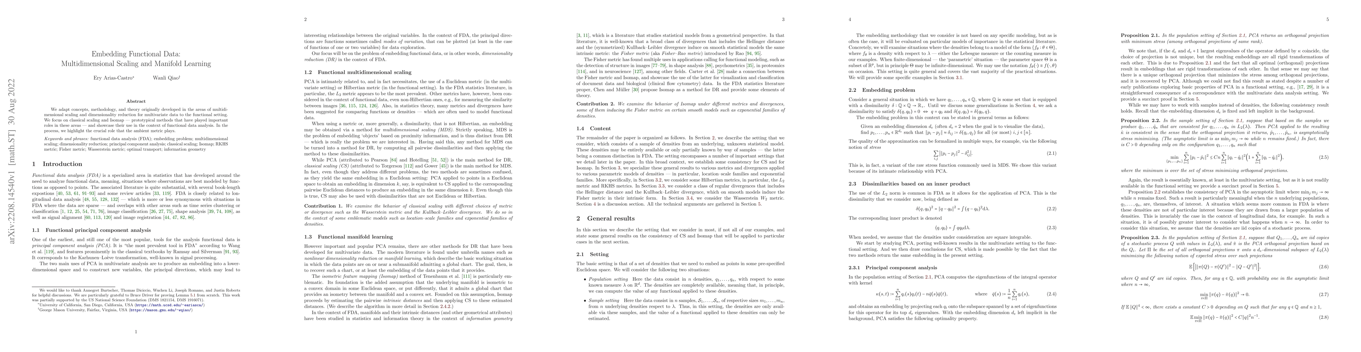 Thumbnail for Embedding Functional Data: Multidimensional Scaling and Manifold
  Learning