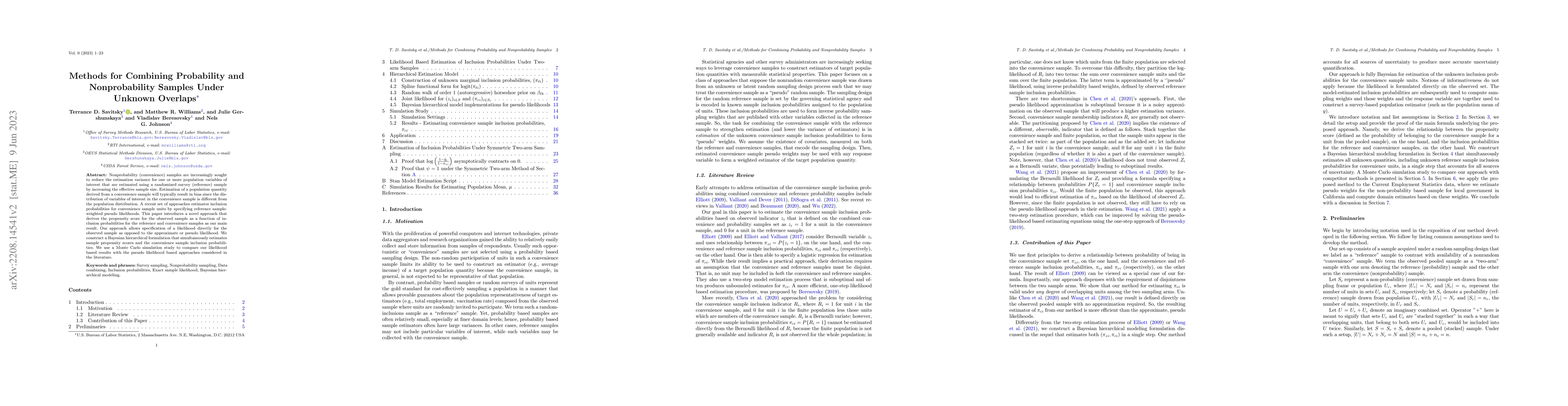 Thumbnail for Methods for Combining Probability and Nonprobability Samples Under
  Unknown Overlaps