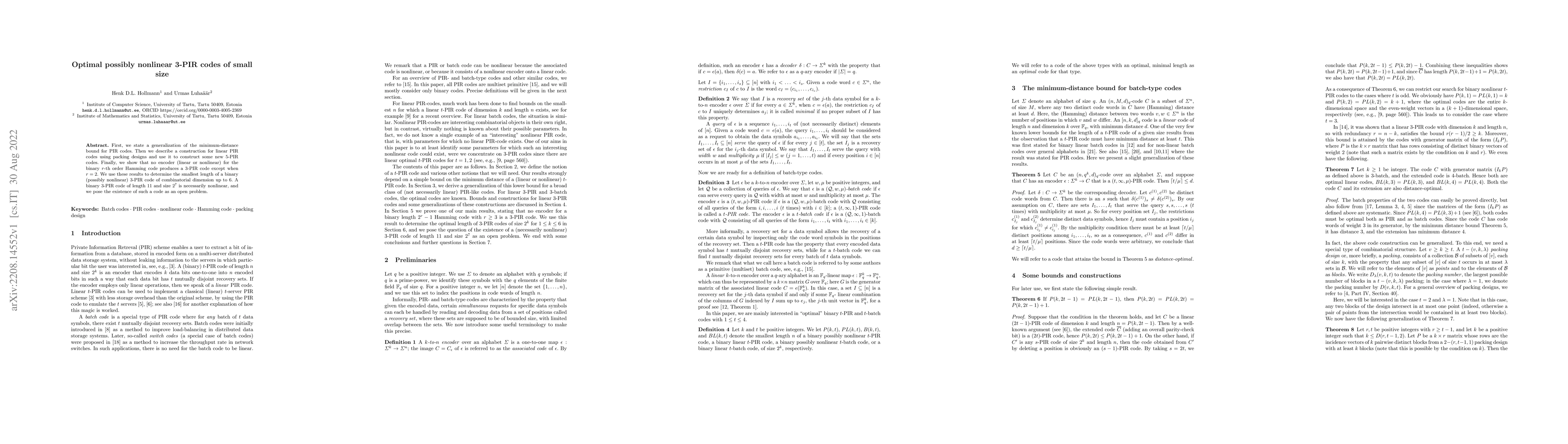 Thumbnail for Optimal possibly nonlinear 3-PIR codes of small size