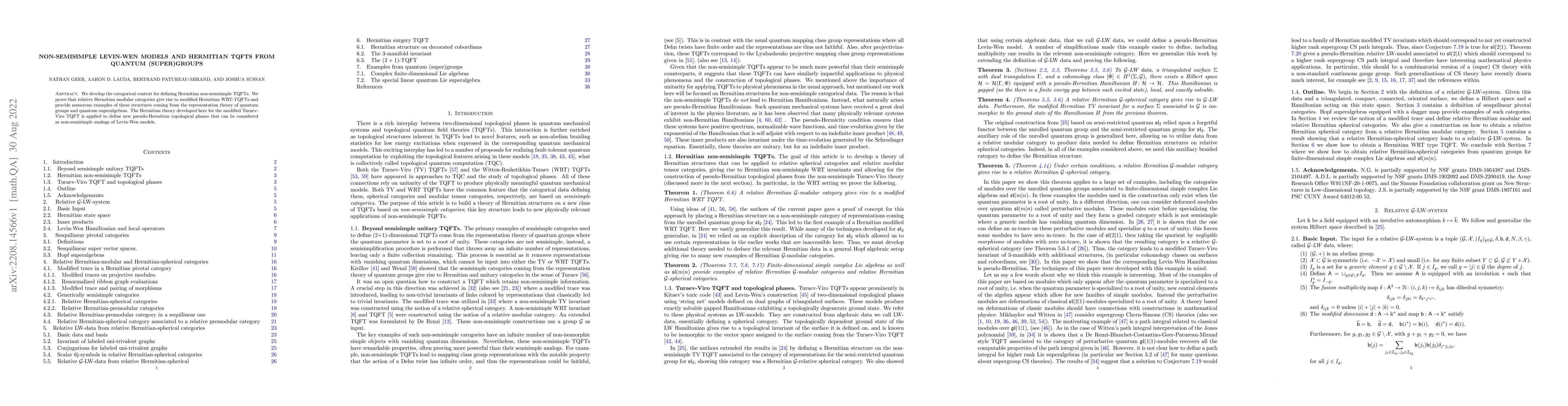 Thumbnail for Non-semisimple Levin-Wen Models and Hermitian TQFTs from quantum
  (super)groups