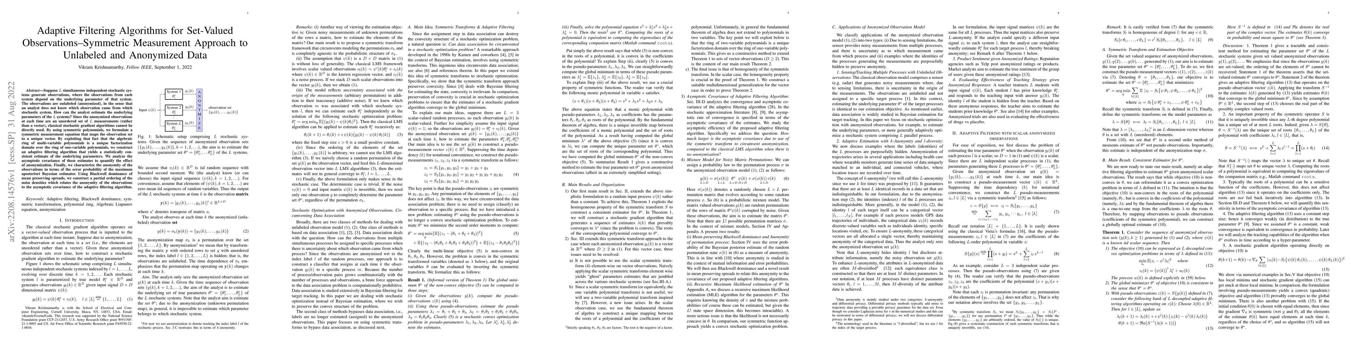 Thumbnail for Adaptive Filtering Algorithms for Set-Valued Observations -- Symmetric
  Measurement Approach to Unlabeled and Anonymized Data