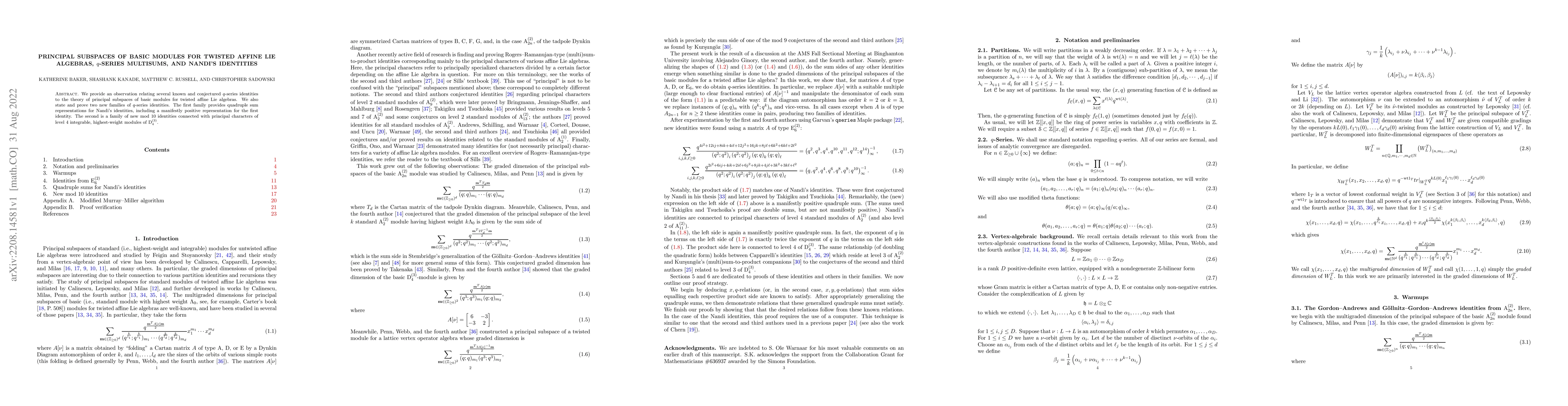 Thumbnail for Principal subspaces of basic modules for twisted affine Lie algebras,
  $q$-series multisums, and Nandi's identities