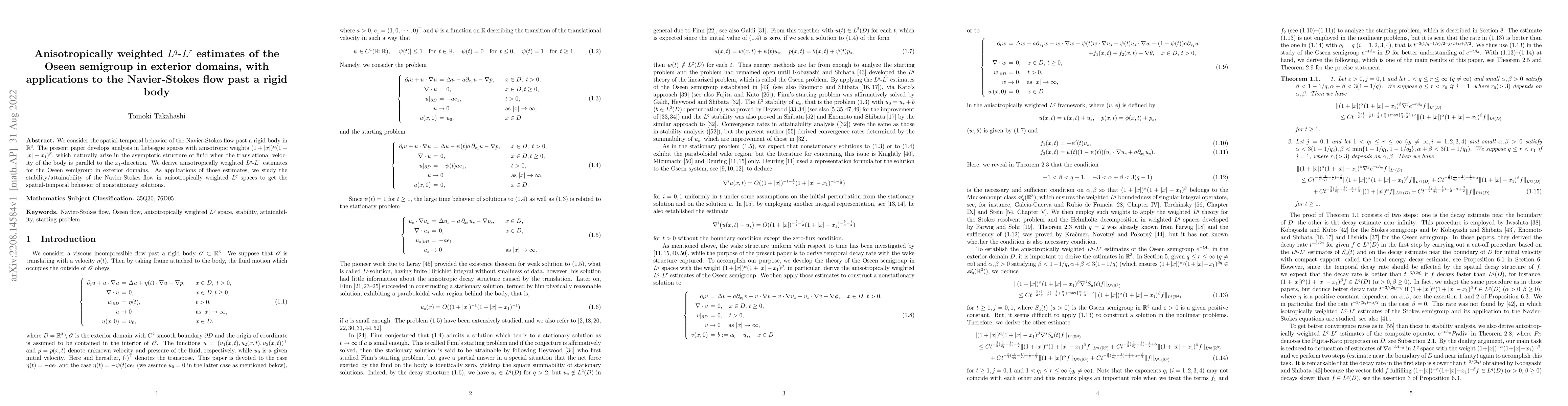 Thumbnail for Anisotropically weighted $L^q$-$L^r$ estimates of the Oseen semigroup in
  exterior domains, with applications to the Navier-Stokes flow past a rigid
  body
