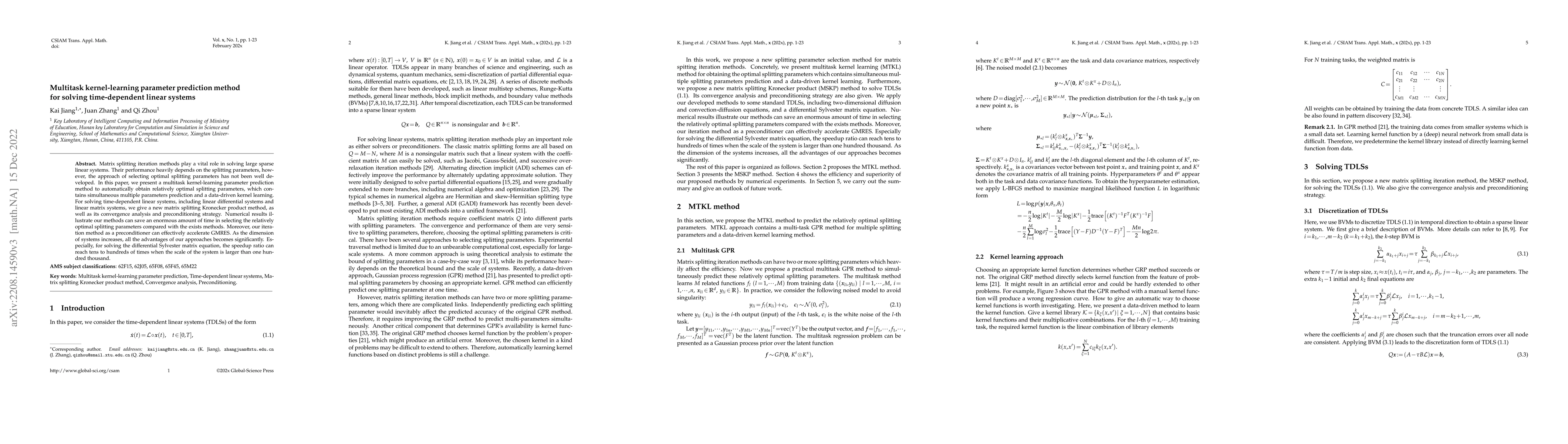 Thumbnail for Multitask kernel-learning parameter prediction method for solving
  time-dependent linear systems