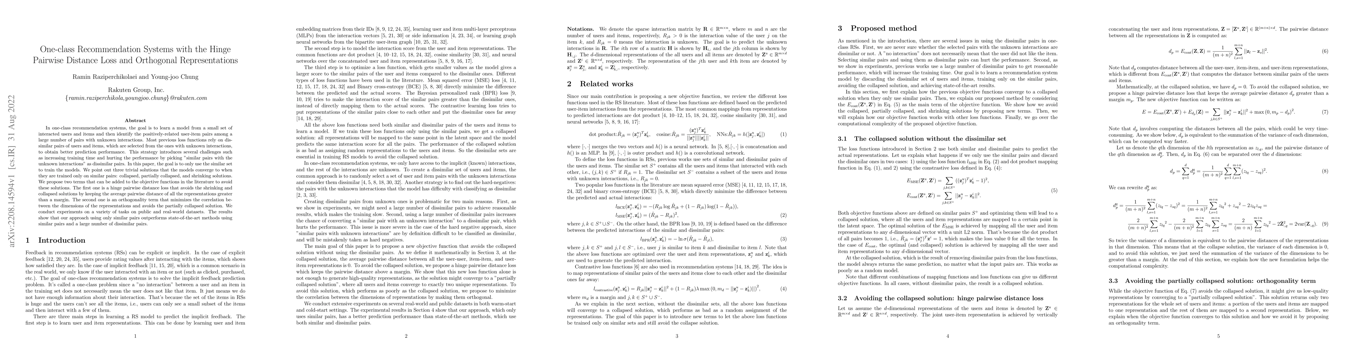 Thumbnail for One-class Recommendation Systems with the Hinge Pairwise Distance Loss
  and Orthogonal Representations