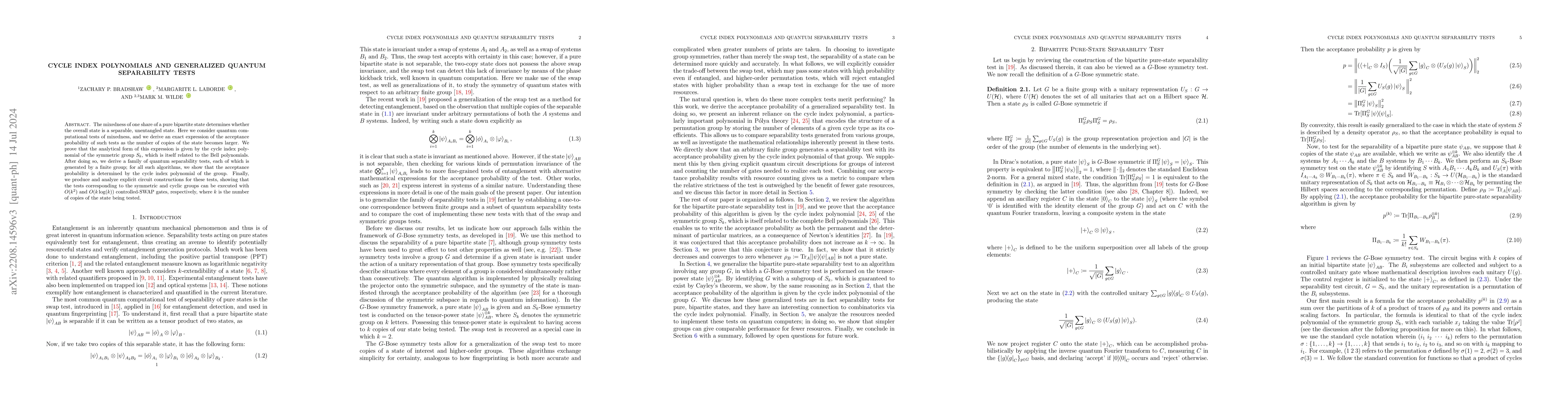 Thumbnail for Cycle Index Polynomials and Generalized Quantum Separability Tests