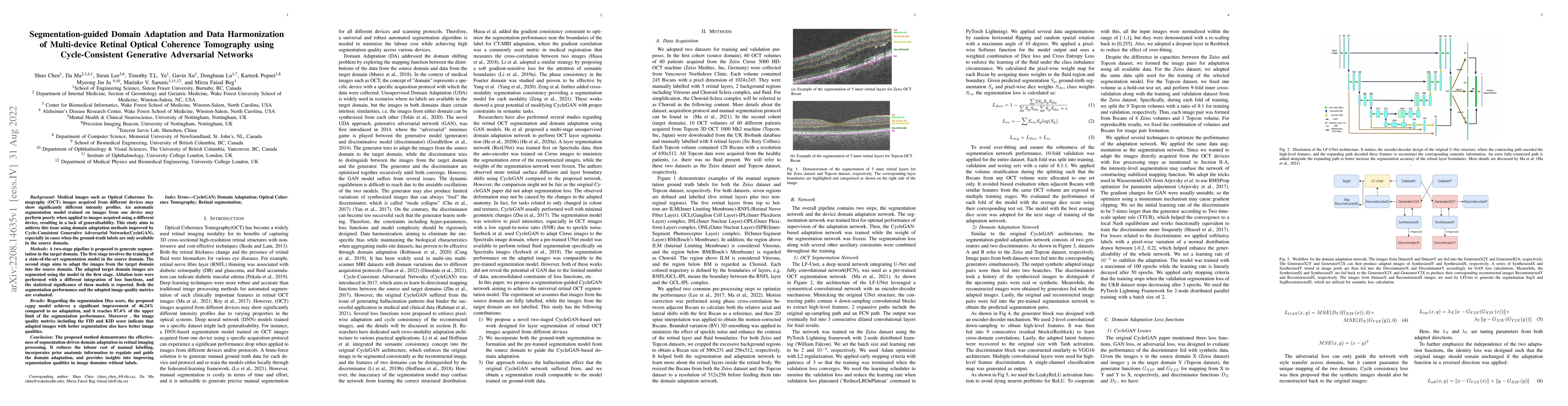 Thumbnail for Segmentation-guided Domain Adaptation and Data Harmonization of
  Multi-device Retinal Optical Coherence Tomography using Cycle-Consistent
  Generative Adversarial Networks