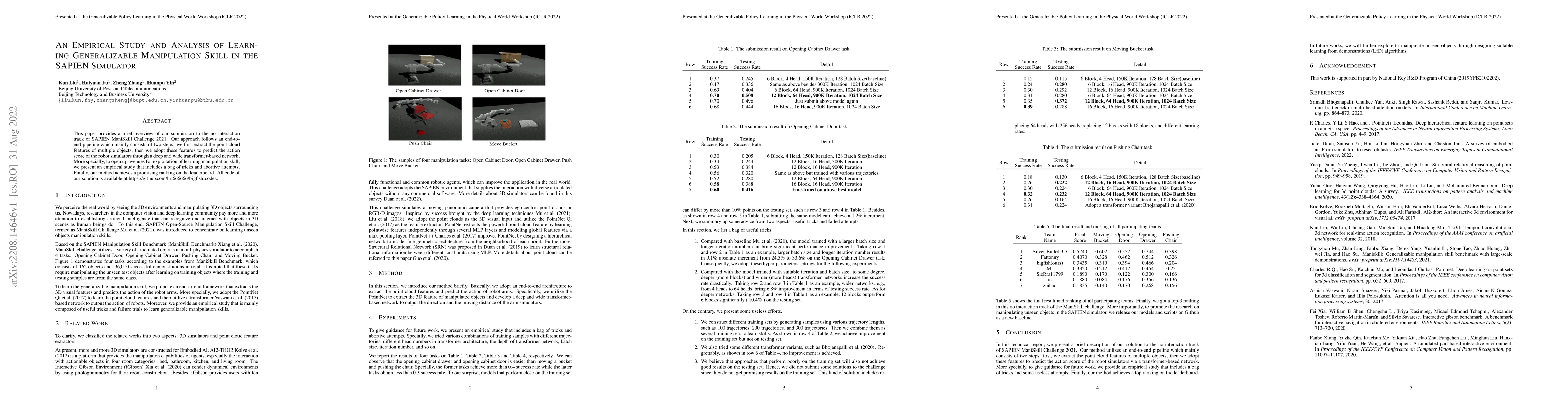 Thumbnail for An Empirical Study and Analysis of Learning Generalizable Manipulation
  Skill in the SAPIEN Simulator
