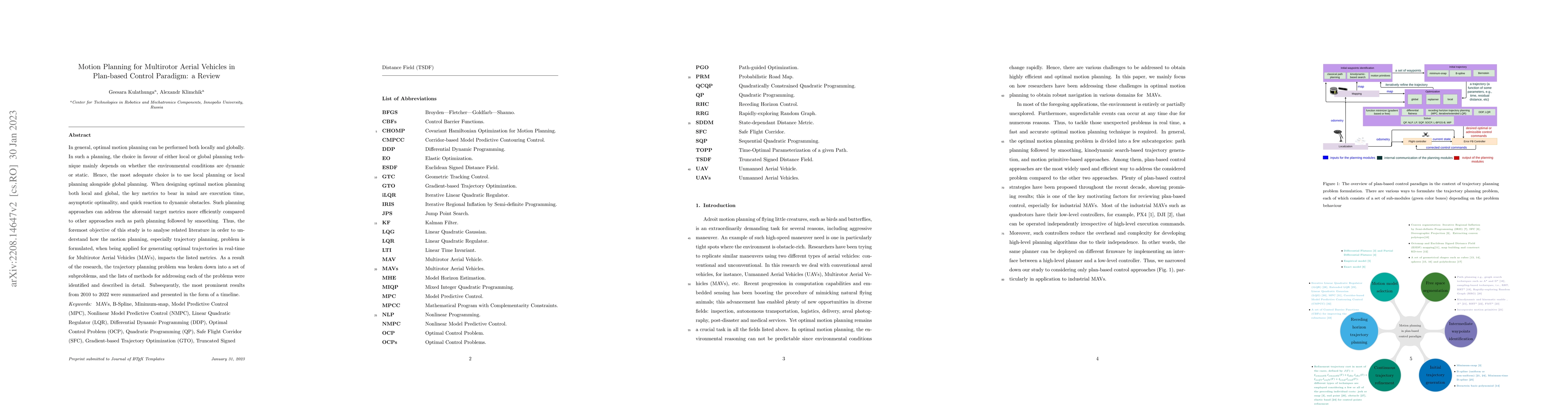 Thumbnail for Motion Planning for Multirotor Aerial Vehicles in Plan-based Control
  Paradigm: a Review