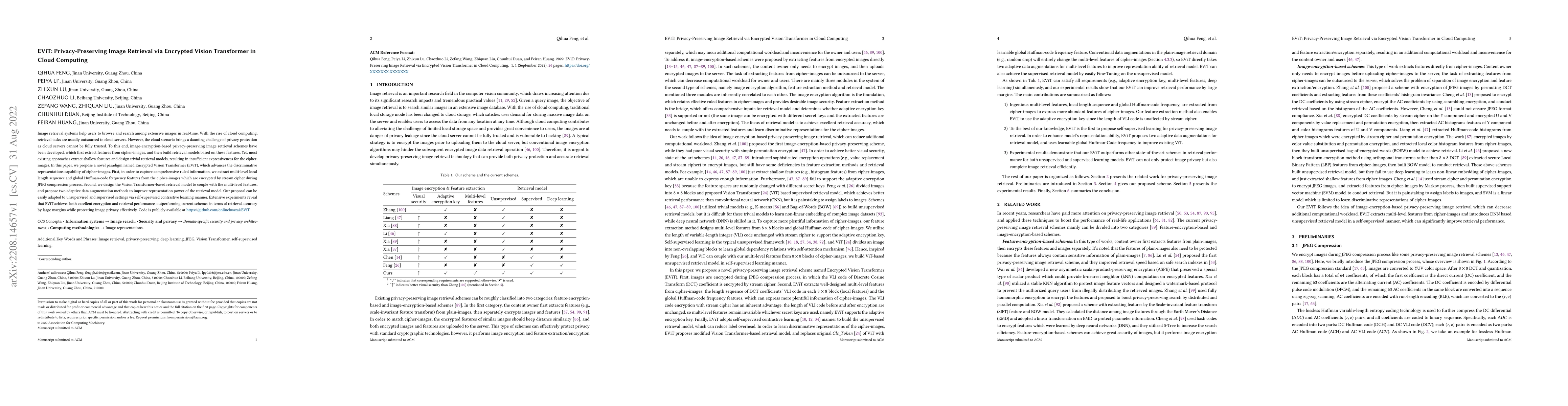 Thumbnail for EViT: Privacy-Preserving Image Retrieval via Encrypted Vision
  Transformer in Cloud Computing