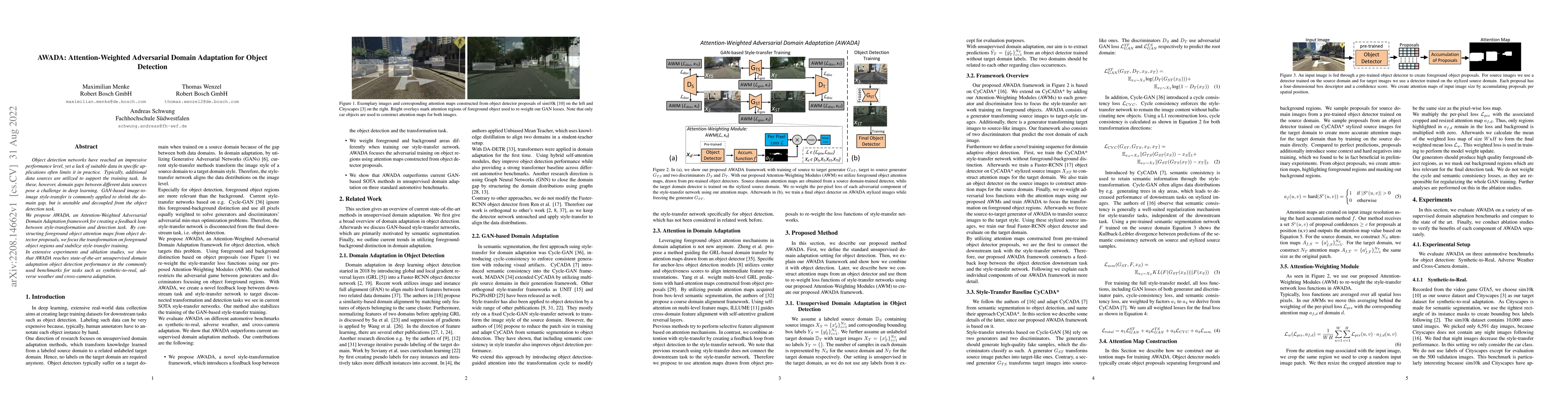 Thumbnail for AWADA: Attention-Weighted Adversarial Domain Adaptation for Object
  Detection
