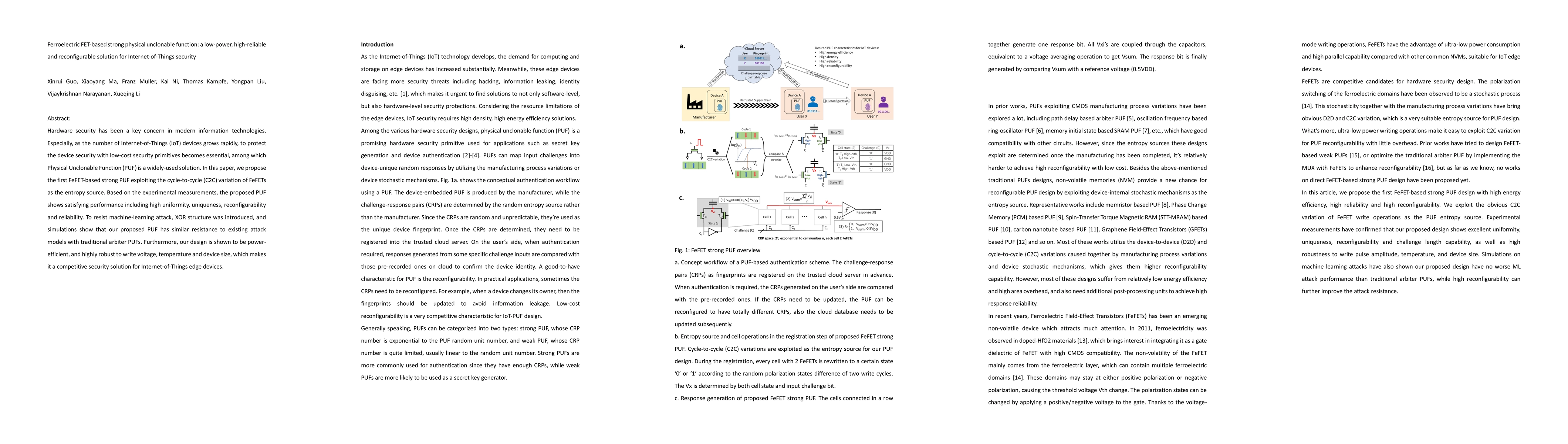 Thumbnail for Ferroelectric FET-based strong physical unclonable function: a
  low-power, high-reliable and reconfigurable solution for Internet-of-Things
  security
