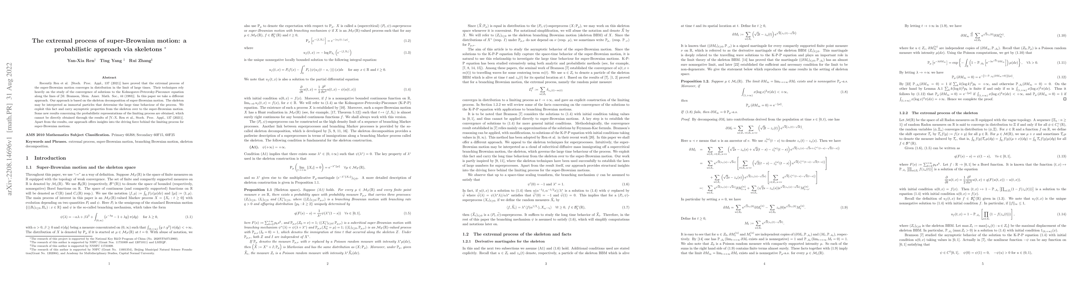 Thumbnail for The extremal process of super-Brownian motion: a probabilistic approach
  via skeletons