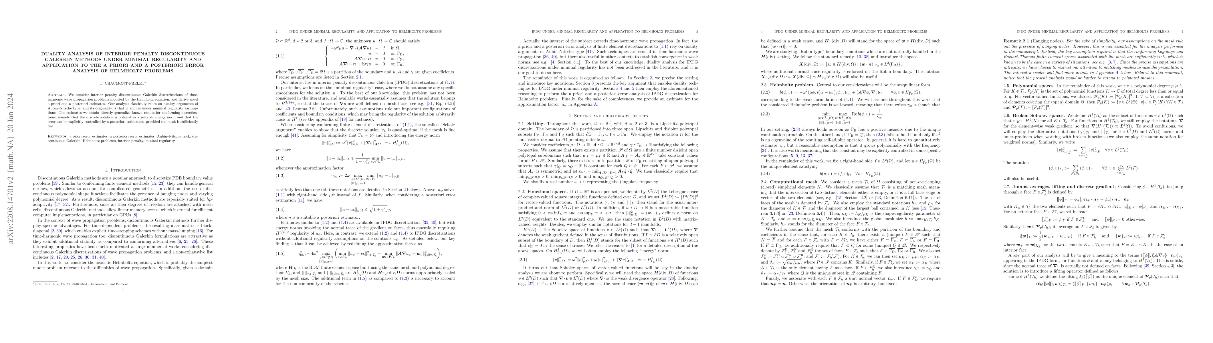 Thumbnail for Duality analysis of interior penalty discontinuous Galerkin methods
  under minimal regularity and application to the a priori and a posteriori
  error analysis of Helmholtz problems