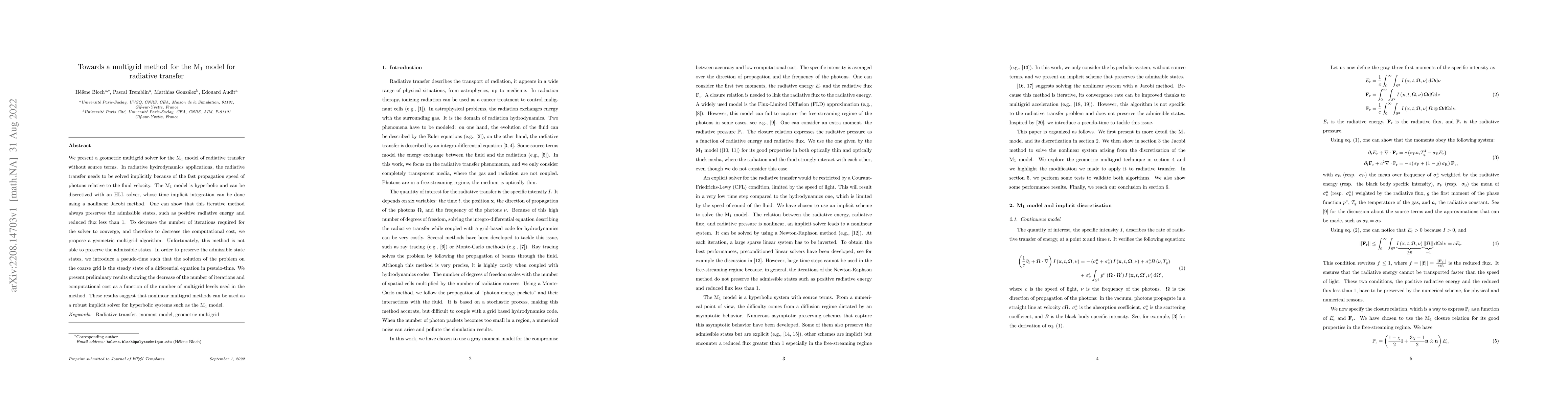 Thumbnail for Towards a multigrid method for the M1 model for radiative transfer