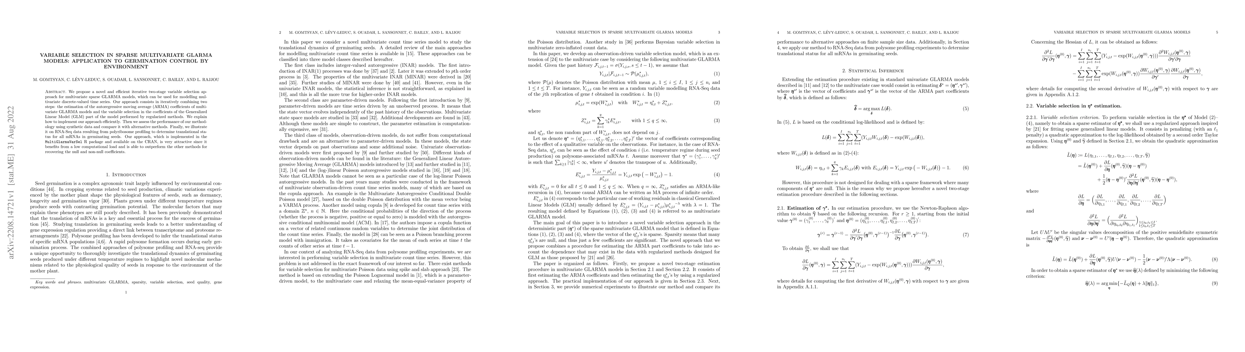 Thumbnail for Variable selection in sparse multivariate GLARMA models: Application to
  germination control by environment