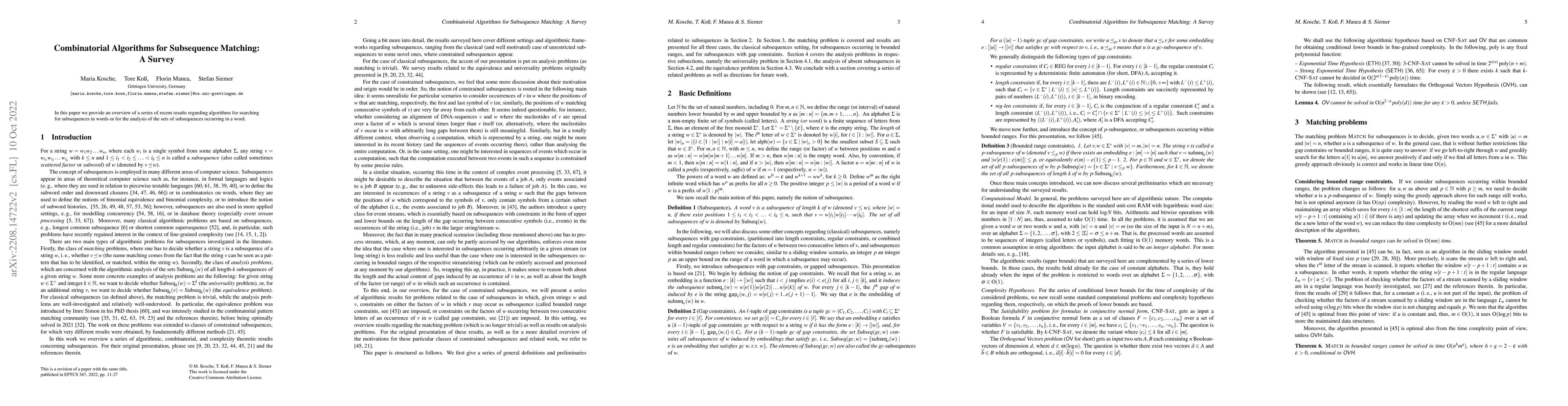 Thumbnail for Combinatorial Algorithms for Subsequence Matching: A Survey