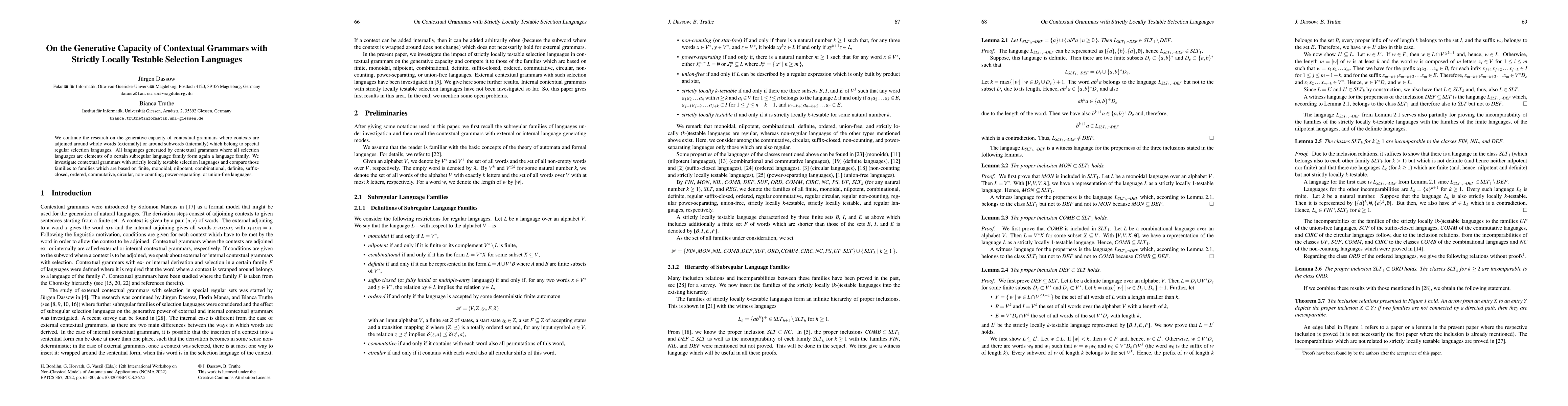 Thumbnail for On the Generative Capacity of Contextual Grammars with Strictly Locally
  Testable Selection Languages