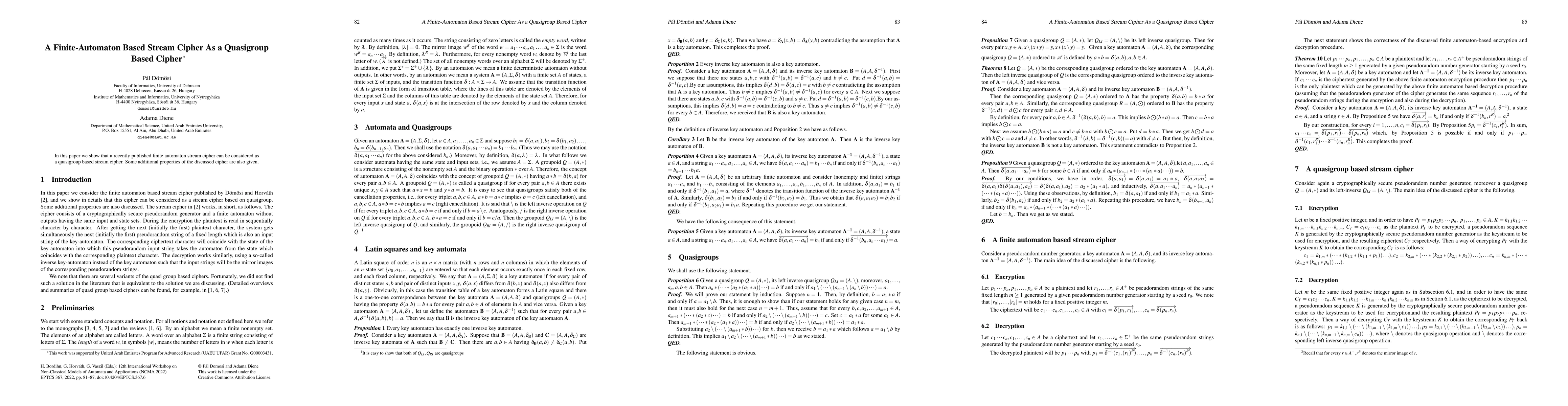 Thumbnail for A Finite-Automaton Based Stream Cipher As a Quasigroup Based Cipher