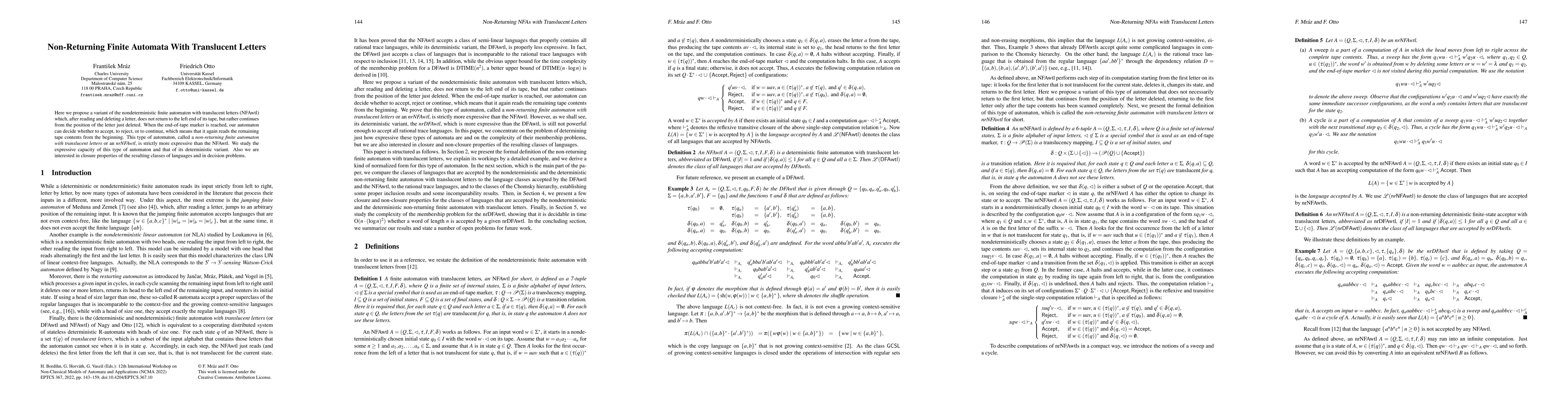 Thumbnail for Non-Returning Finite Automata With Translucent Letters