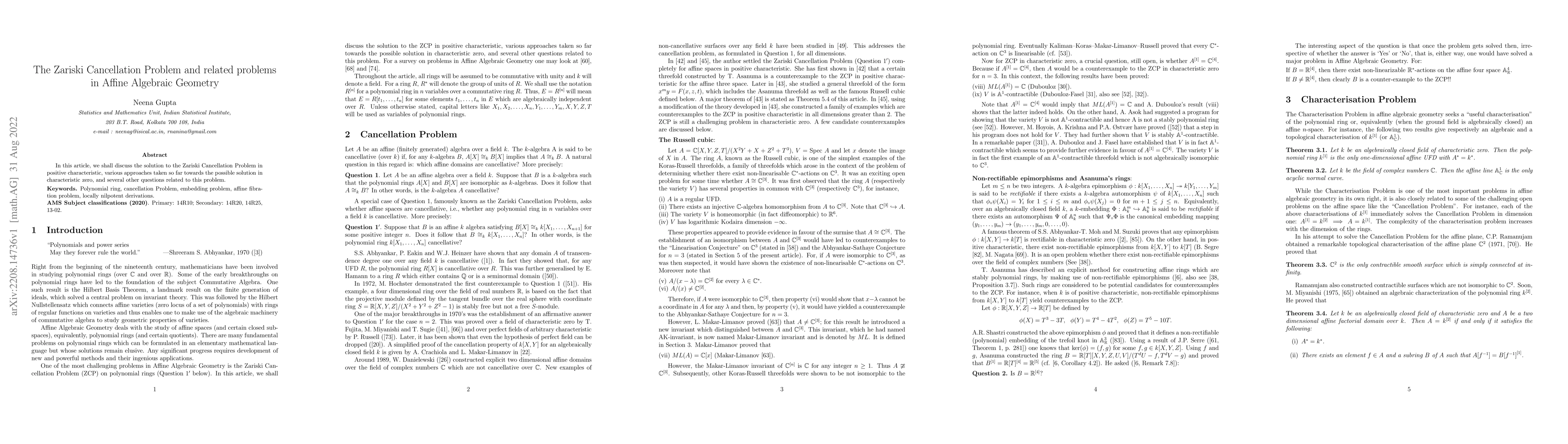 Thumbnail for The Zariski Cancellation Problem and related problems in Affine
  Algebraic Geometry