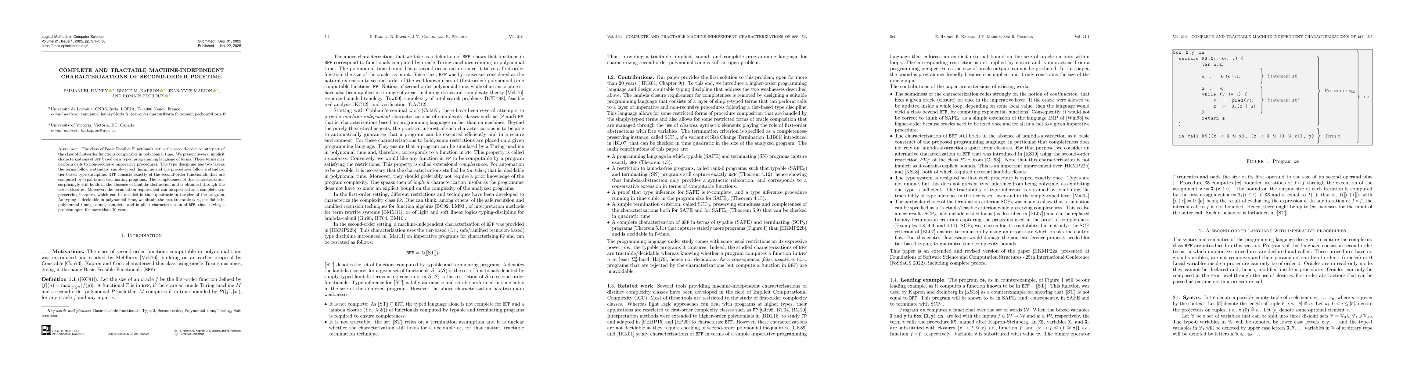 Thumbnail for Complete and tractable machine-independent characterizations of
  second-order polytime