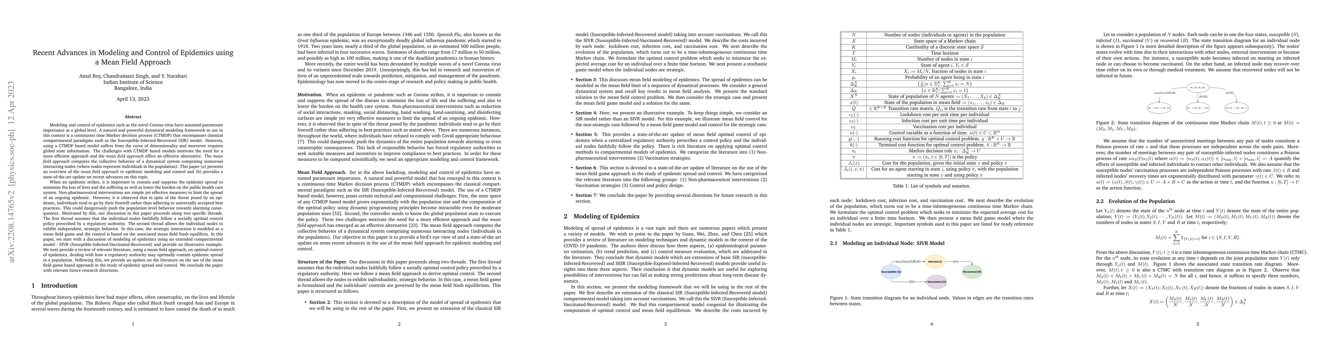 Thumbnail for Recent Advances in Modeling and Control of Epidemics using a Mean Field
  Approach