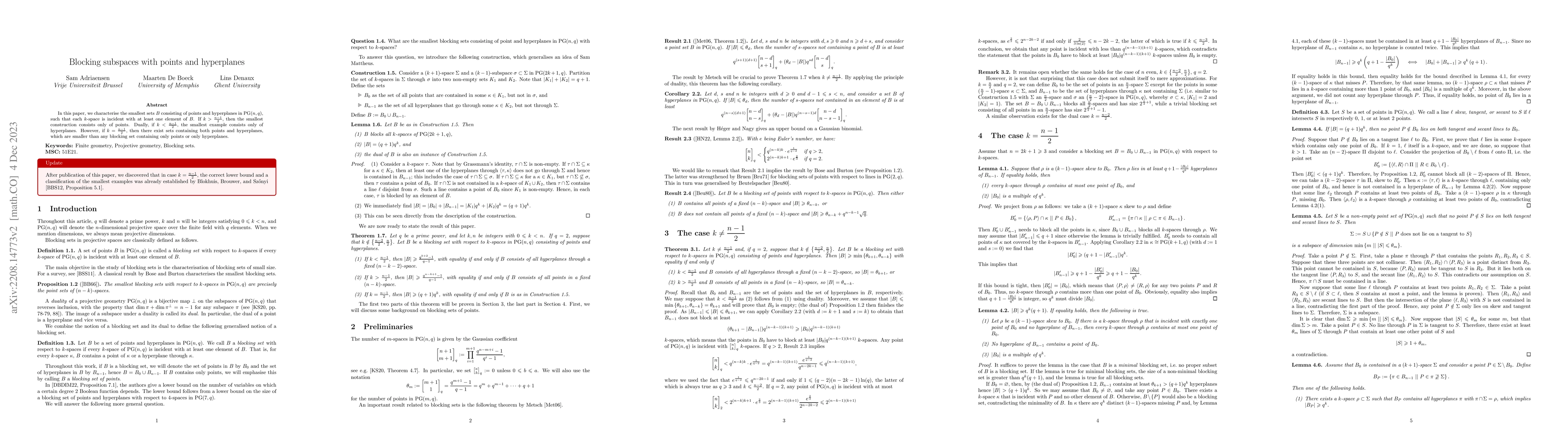 Thumbnail for Blocking subspaces with points and hyperplanes