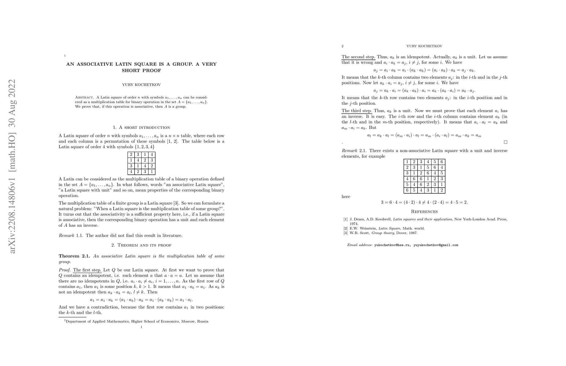 Thumbnail for An associative Latin square is a group. A very short proof