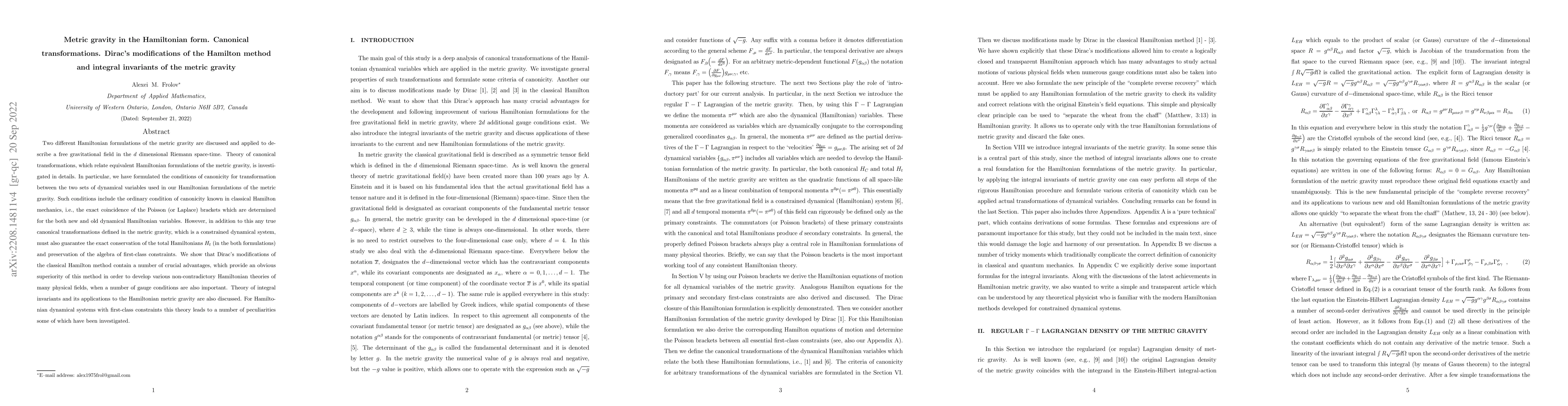 Thumbnail for Metric gravity in the Hamiltonian form. Canonical transformations.
  Dirac's modifications of the Hamilton method and integral invariants of the
  metric gravity