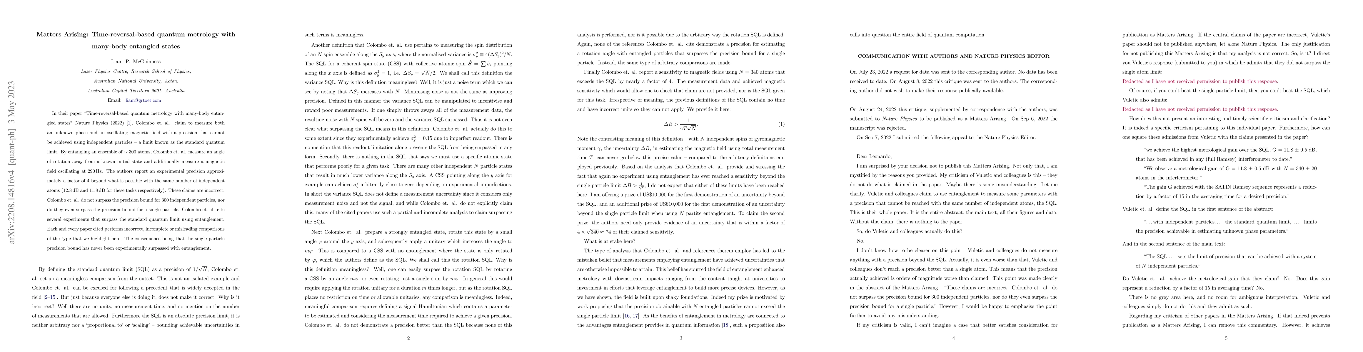 Thumbnail for Matters Arising: Time-reversal-based quantum metrology with many-body
  entangled states