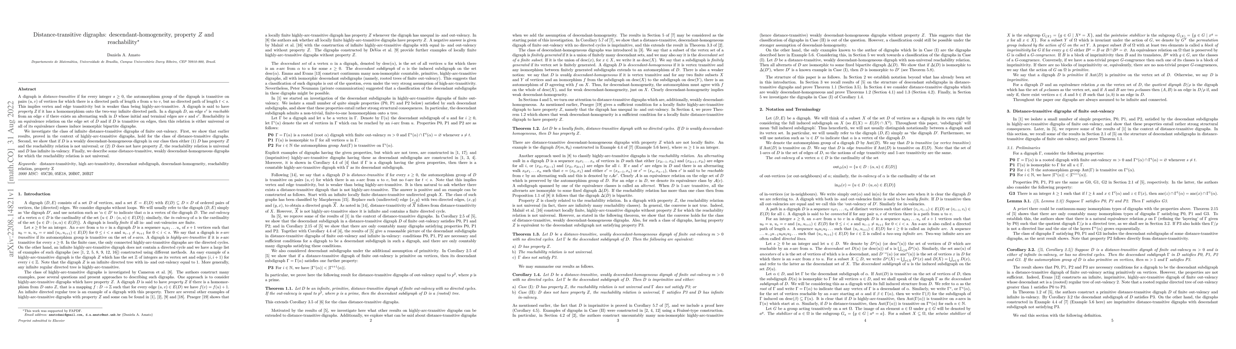 Thumbnail for Distance-transitive digraphs: descendant-homogeneity, property $Z$ and
  reachability