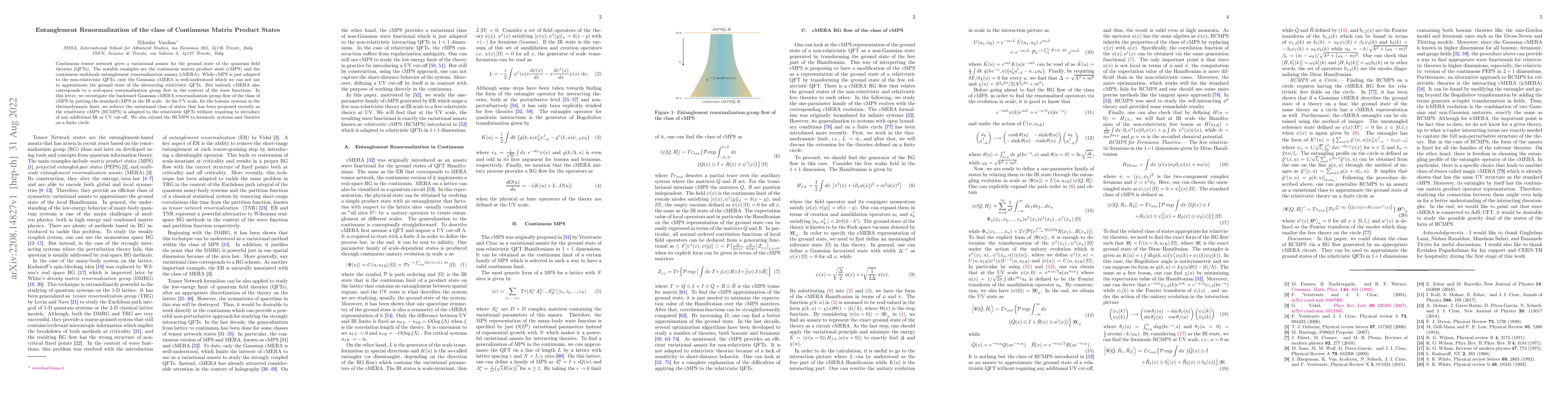 Thumbnail for Entanglement Renormalization of the class of Continuous Matrix Product
  States