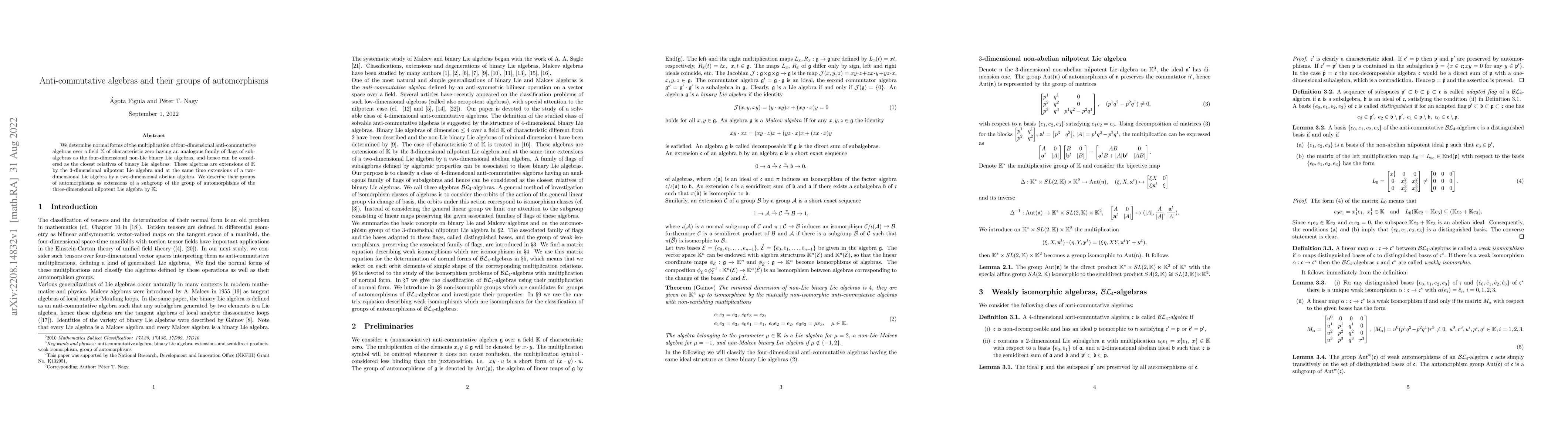 Thumbnail for Anti-commutative algebras and their groups of automorphisms