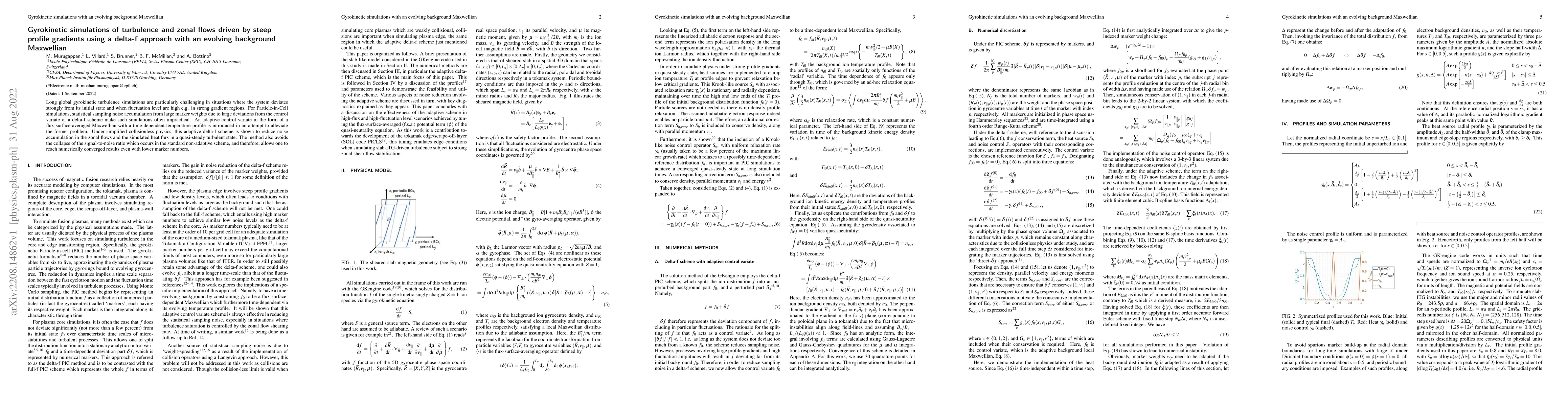 Thumbnail for Gyrokinetic simulations of turbulence and zonal flows driven by steep
  profile gradients using a delta-f approach with an evolving background
  Maxwellian