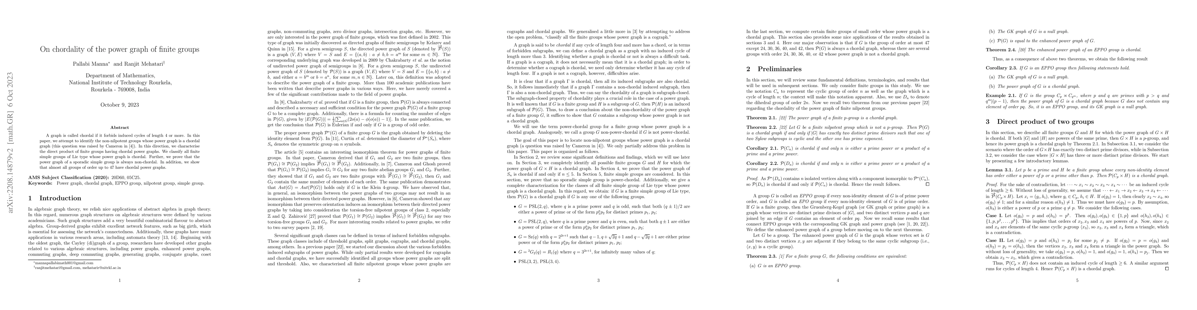 Thumbnail for On chordality of the power graph of finite groups