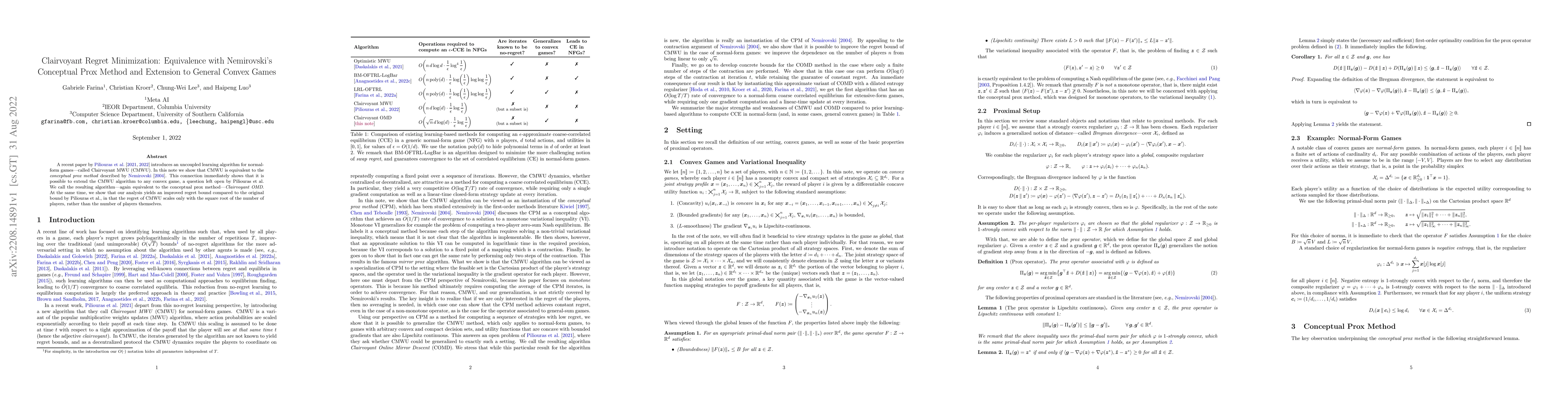 Thumbnail for Clairvoyant Regret Minimization: Equivalence with Nemirovski's
  Conceptual Prox Method and Extension to General Convex Games