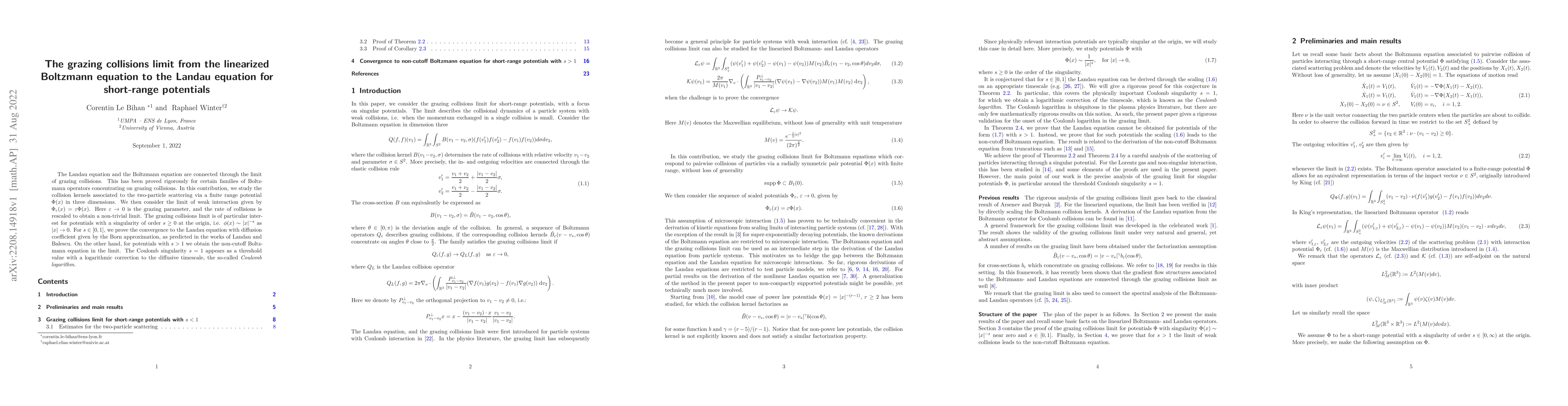 Thumbnail for The grazing collisions limit from the linearized Boltzmann equation to
  the Landau equation for short-range potentials