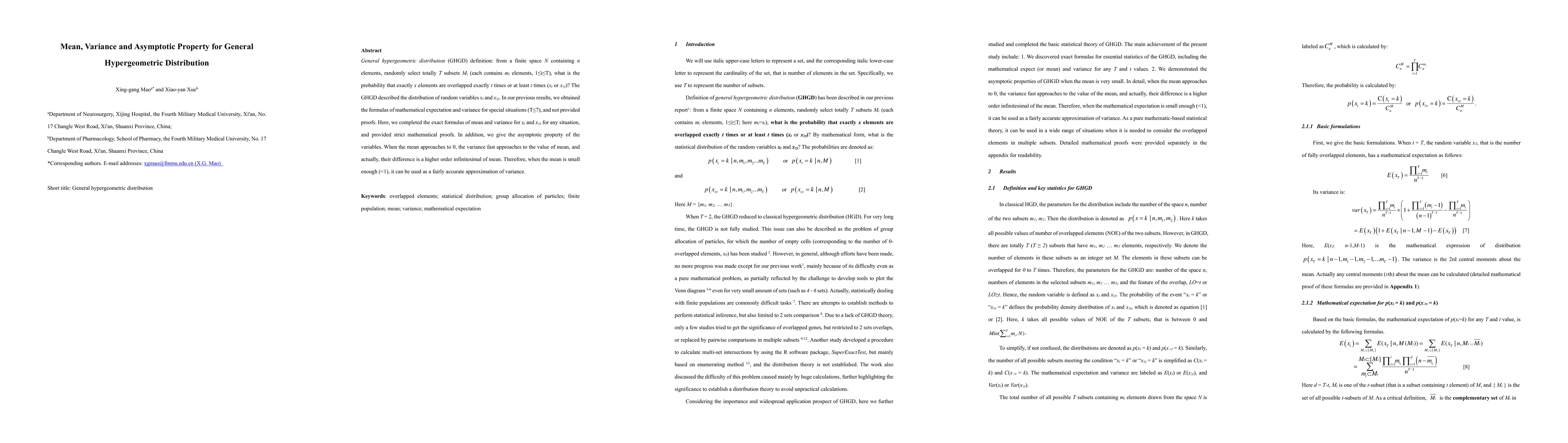 Thumbnail for Mean, Variance and Asymptotic Property for General Hypergeometric
  Distribution