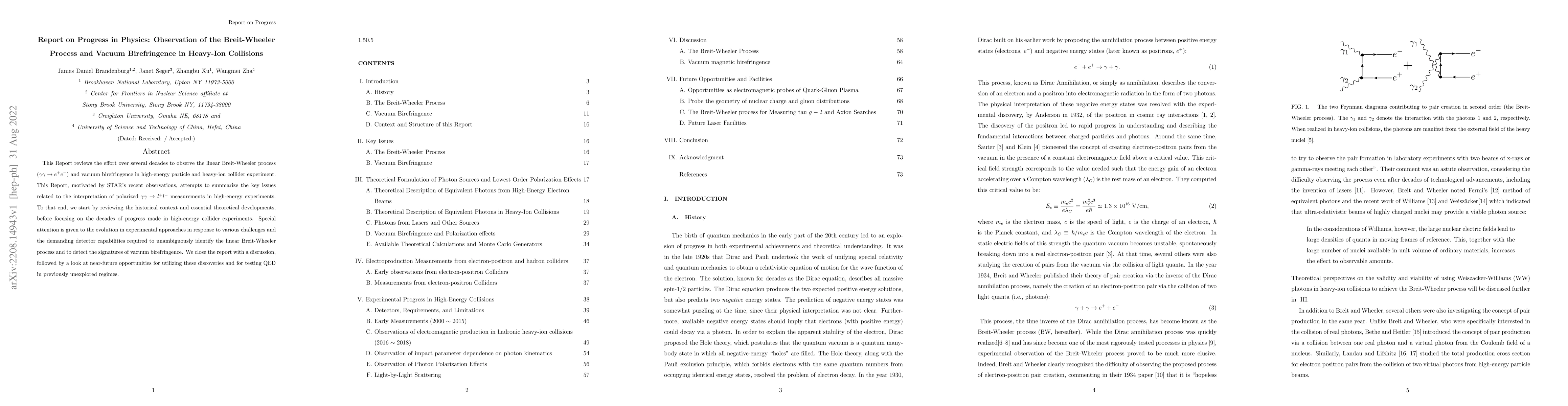 Thumbnail for Report on Progress in Physics: Observation of the Breit-Wheeler Process
  and Vacuum Birefringence in Heavy-Ion Collisions