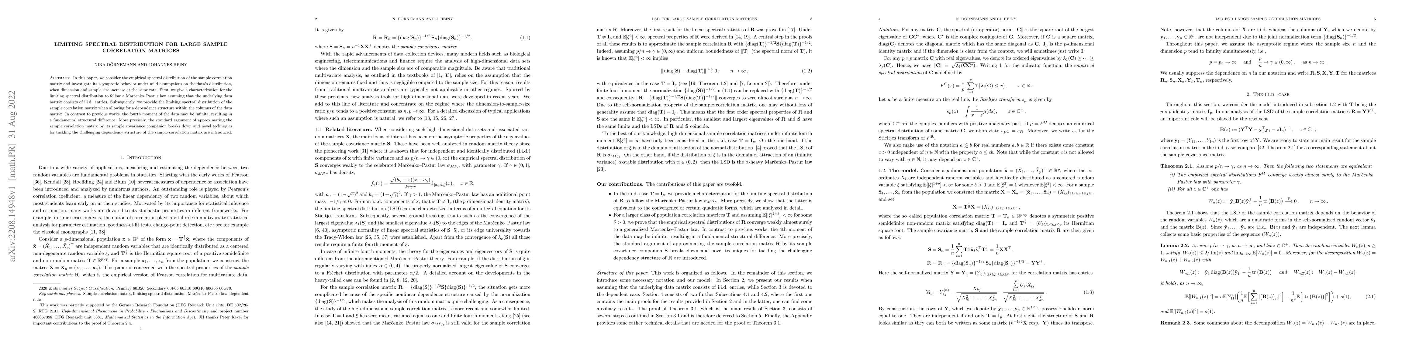 Thumbnail for Limiting spectral distribution for large sample correlation matrices