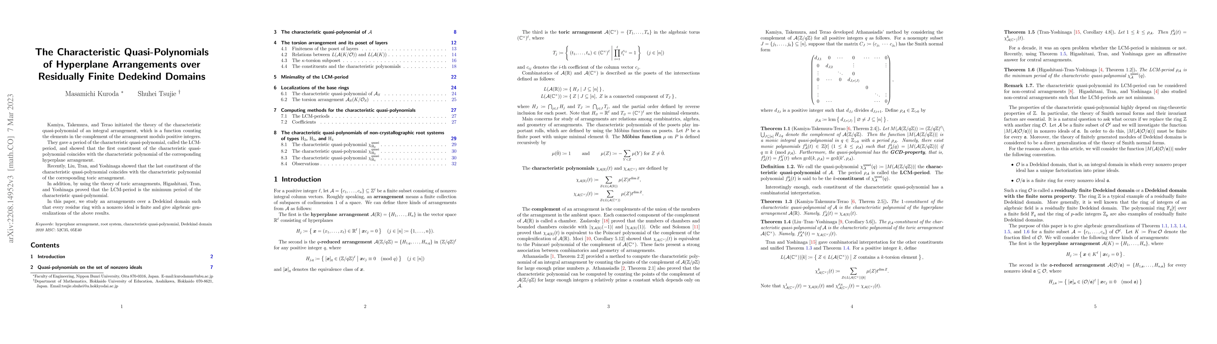 Thumbnail for The Characteristic Quasi-Polynomials of Hyperplane Arrangements over
  Residually Finite Dedekind Domains
