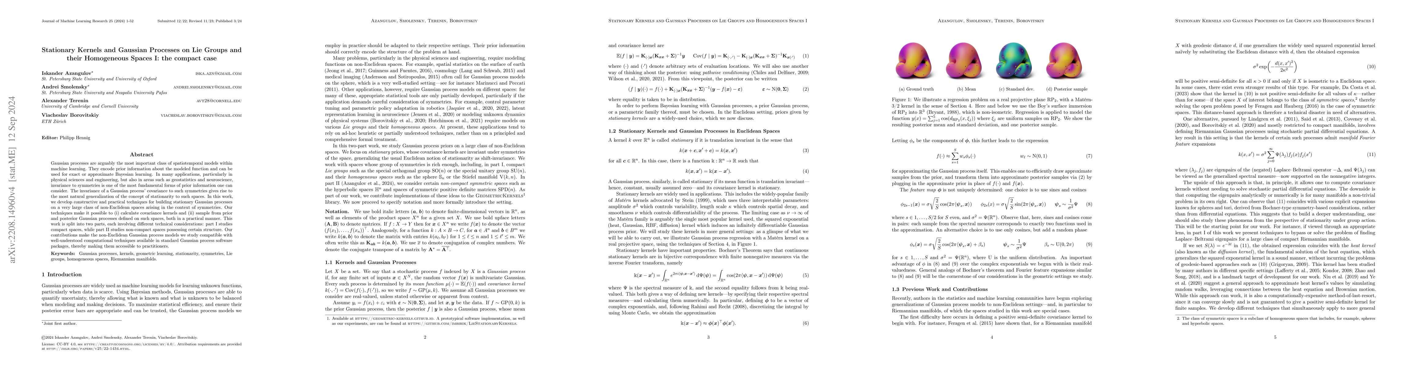 Thumbnail for Stationary Kernels and Gaussian Processes on Lie Groups and their
  Homogeneous Spaces I: the compact case